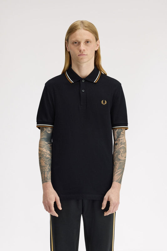 M3600 The Twin Tipped Fred Perry Shirt (Black / Ecru / Dark Caramel)